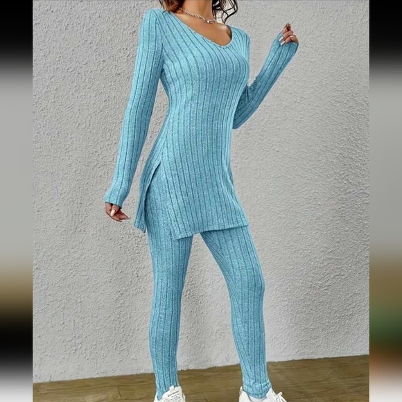 Casual ribbed two pieces set The neck long sleep crop top and pants Size L - Picture 2 of 7
